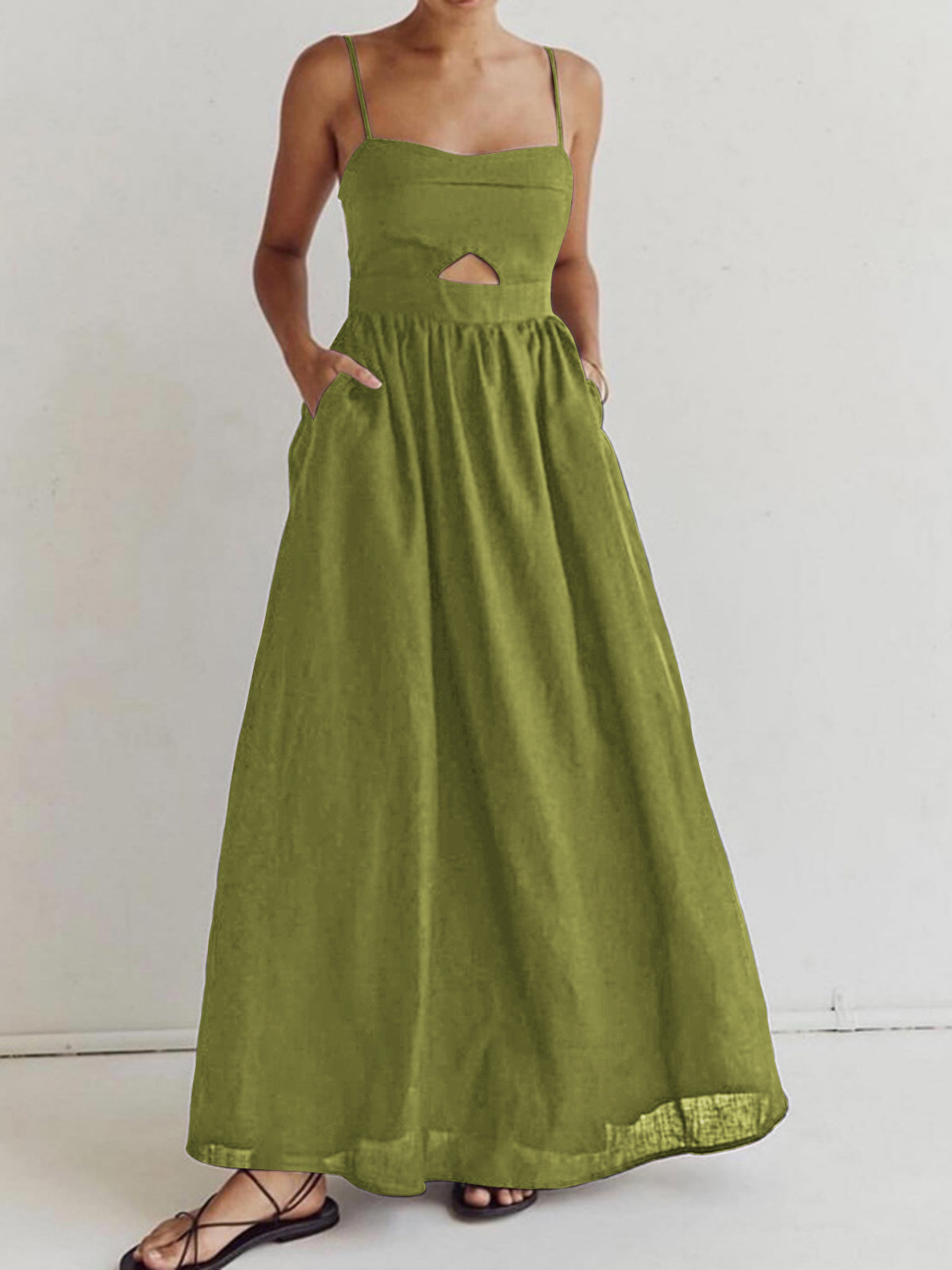 Women's white cotton maxi dress sleeveless with cutout bodice and heart-shaped neckline