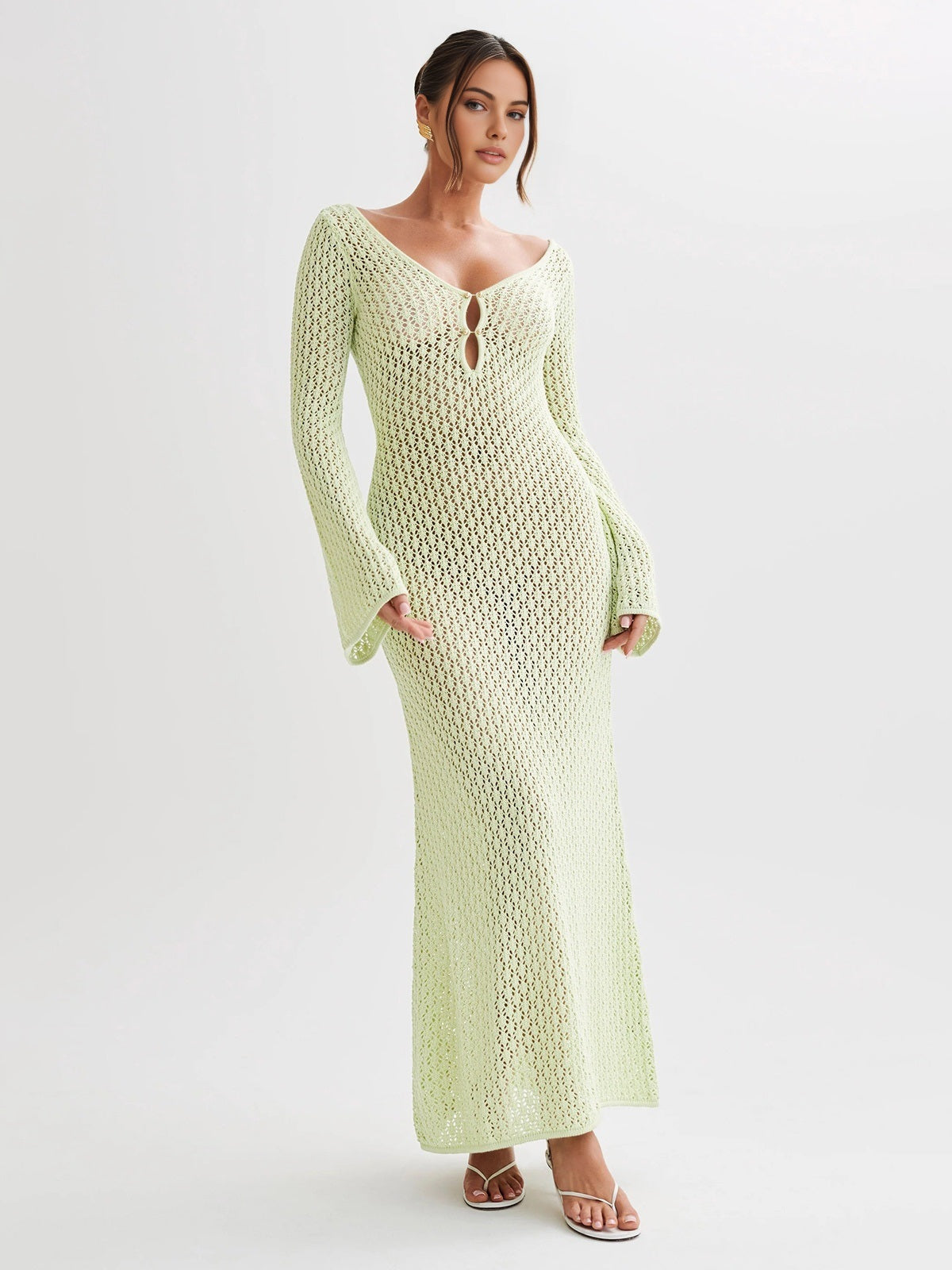Beige open-knit maxi cover-up dress with long sleeves and open back for resort style