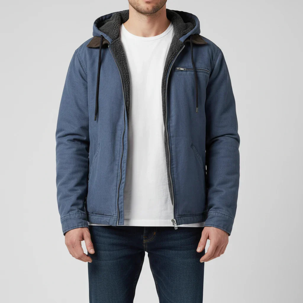 Men's gray hooded full-zip jacket with adjustable drawstring hood and cozy fleece-lined interior