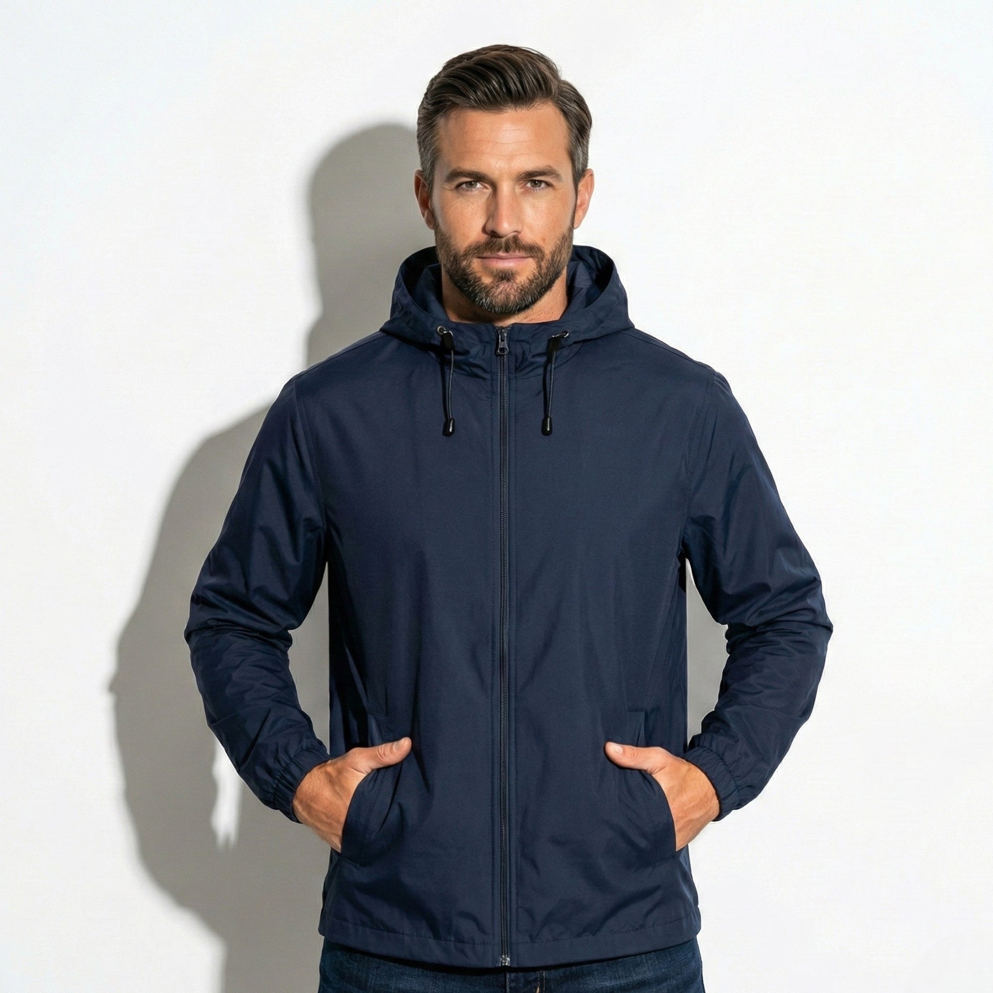 Men's lightweight windbreaker jacket water-resistant weatherproof coat sleek modern silhouette casual style