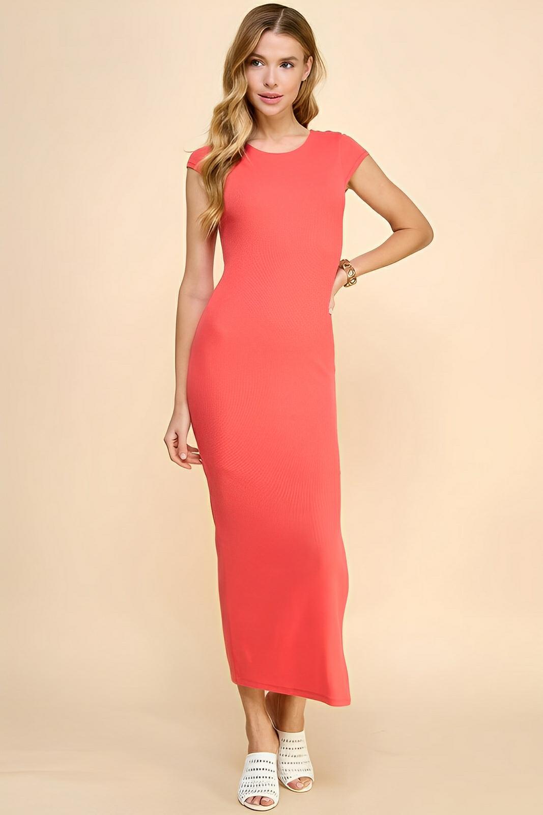 Women's ribbed maxi dress crew neck cap sleeve body-hugging cotton blend stretch knit