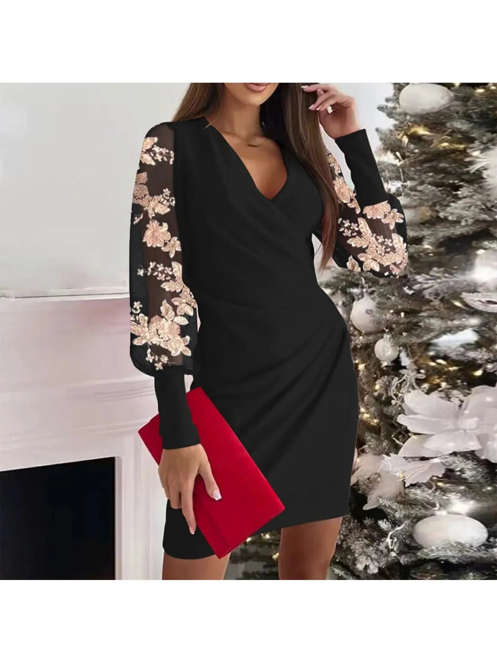 Elegant long-sleeve wrap dress in festive sparkle fabric, flattering silhouette for holiday parties