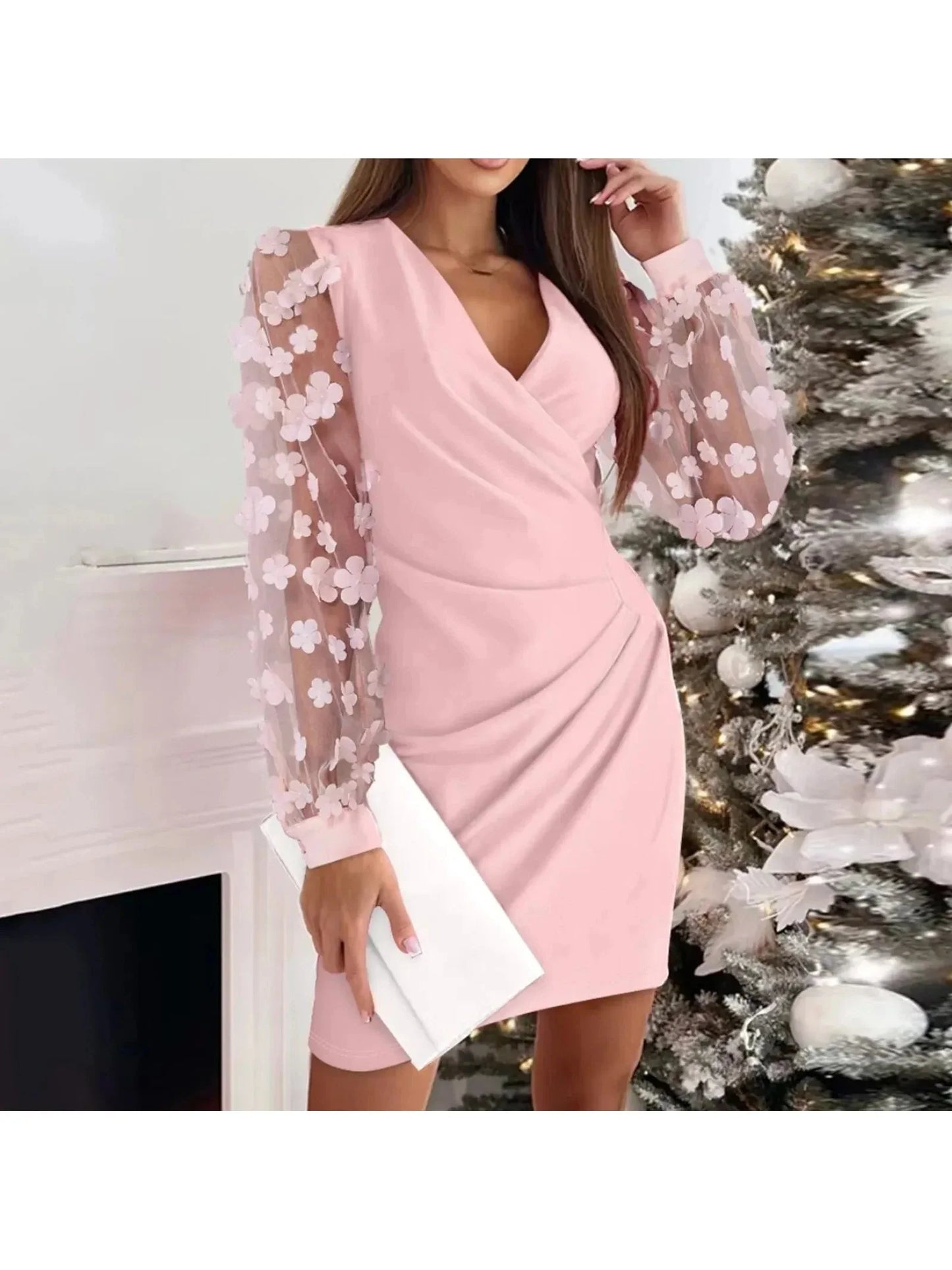 Elegant long-sleeve wrap dress in festive sparkle fabric, flattering silhouette for holiday parties