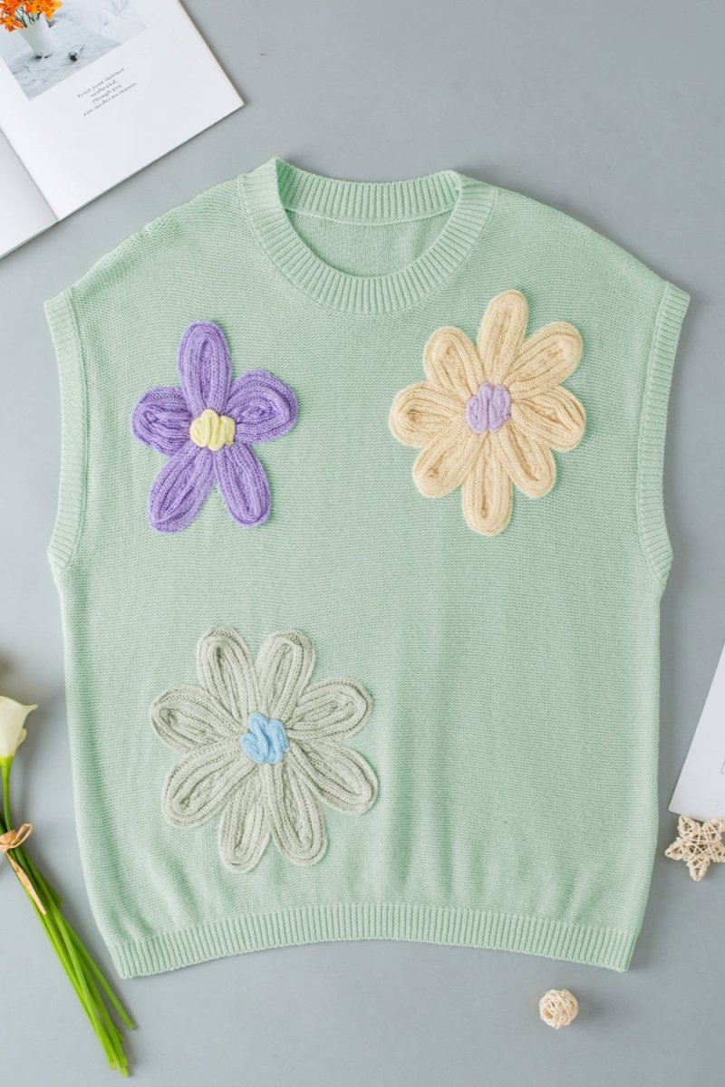 Women's ivory crochet floral sweater vest, round neck, handcrafted flower detail, cotton layering essential