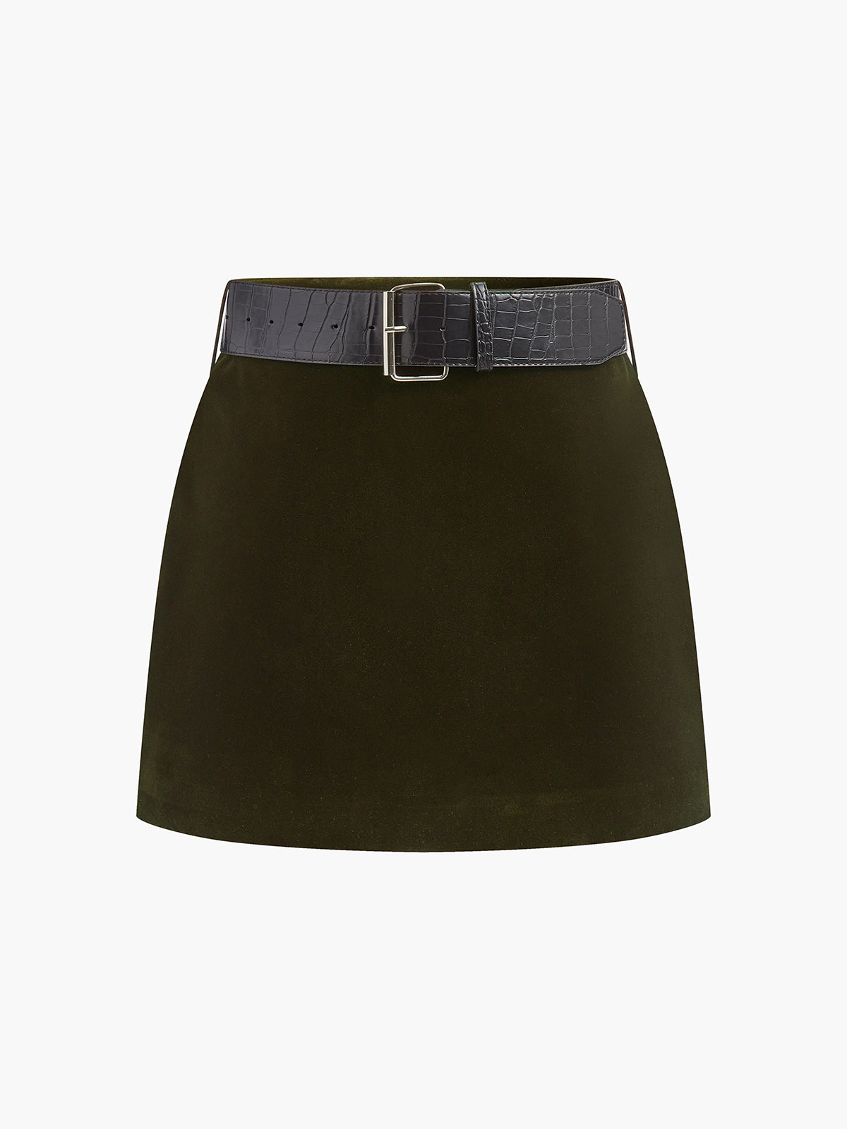 Dark velvet mini skirt with crocodile-embossed wide belt, luxe texture, modern fitted silhouette