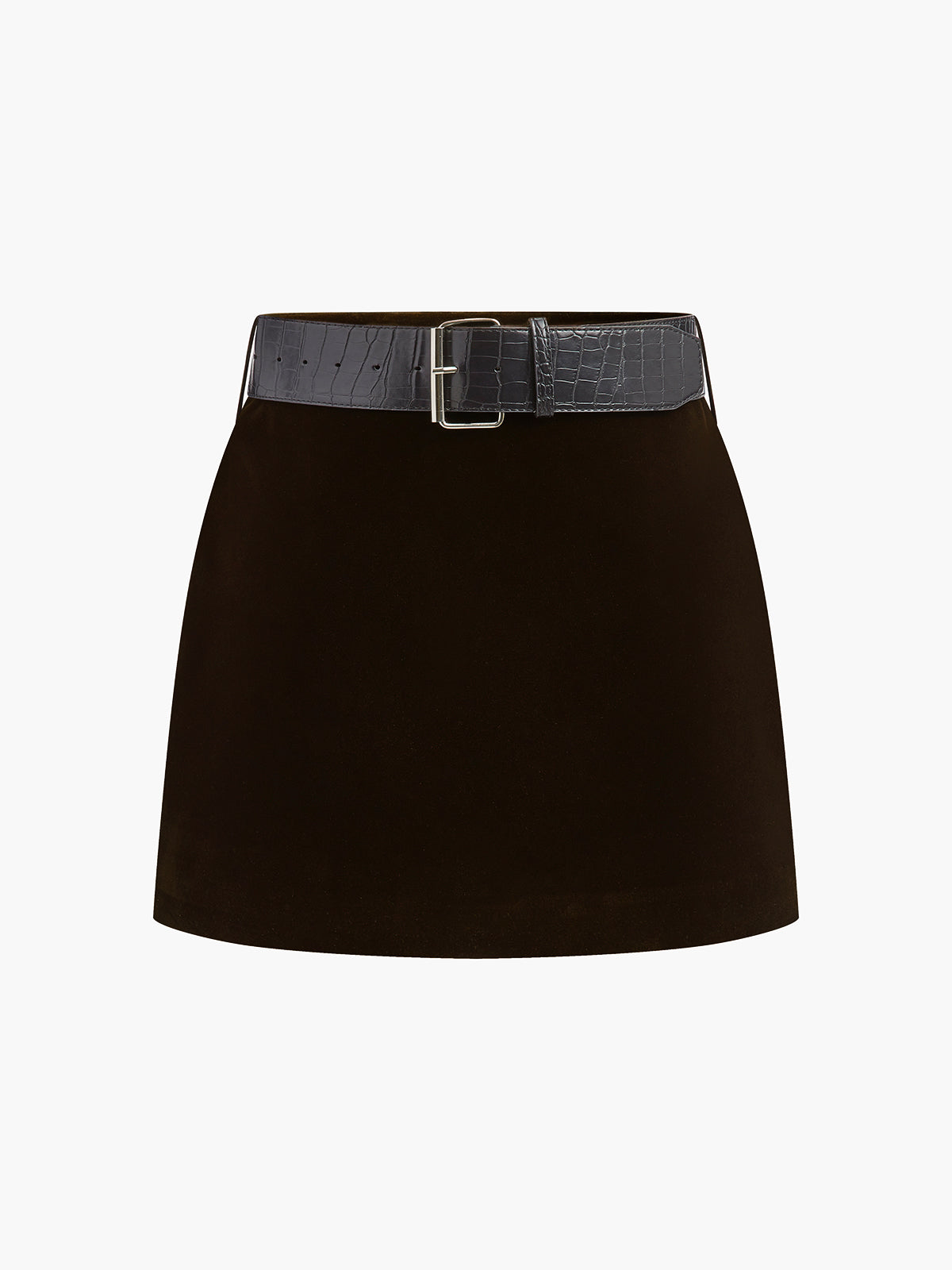 Urbann-Vibe burgundy velvet mini skirt with crocodile-embossed wide belt and luxe silhouette