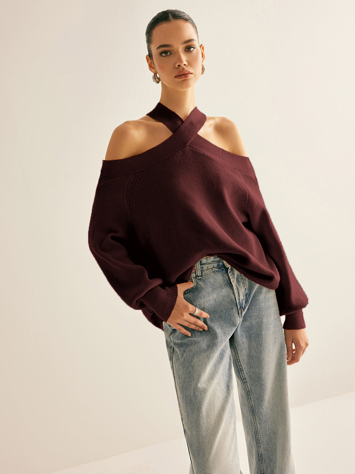 Women's cold shoulder crossover collar knit sweater chic halter neckline high stretch casual elegant