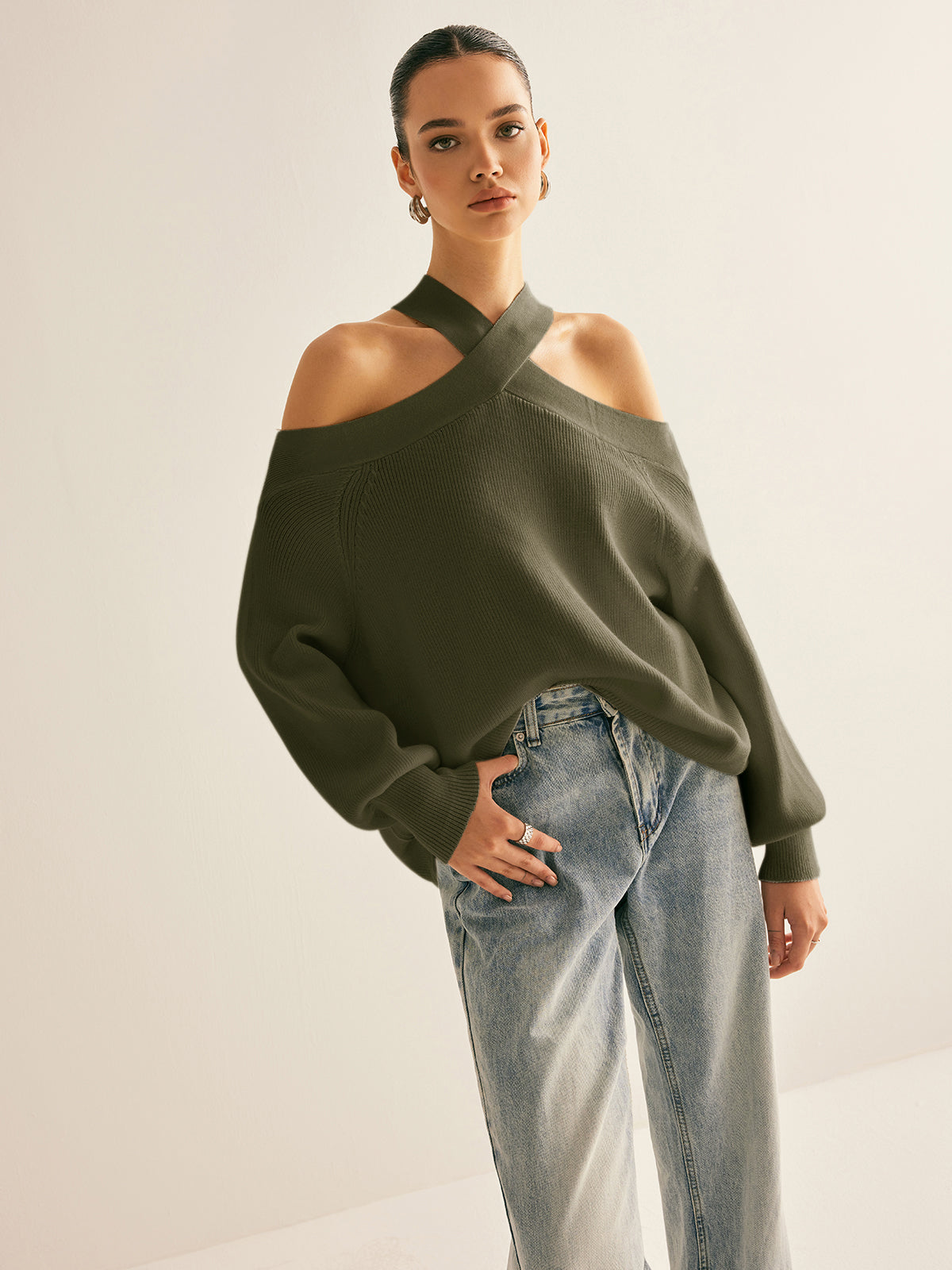 Women's crossover collar cold shoulder knit sweater elegant stretch halter neckline casual chic