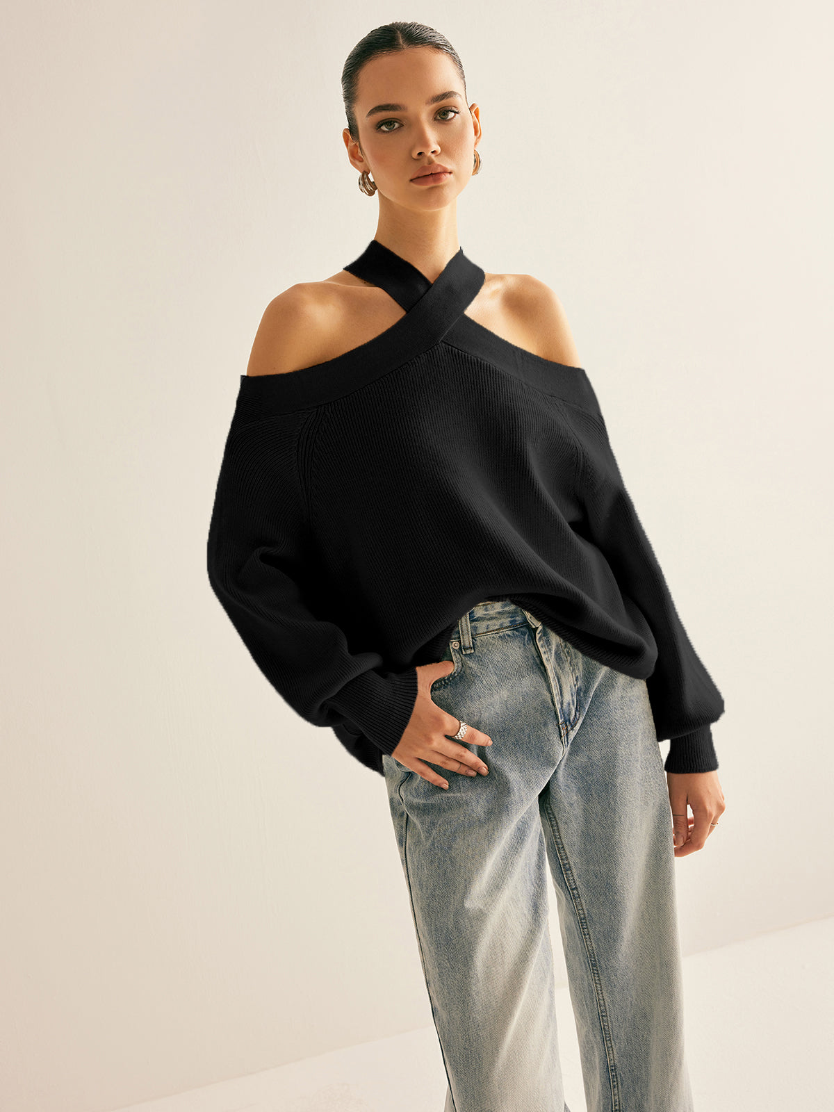 Women's cold shoulder knit sweater crossover halter collar high stretch casual elegant fit