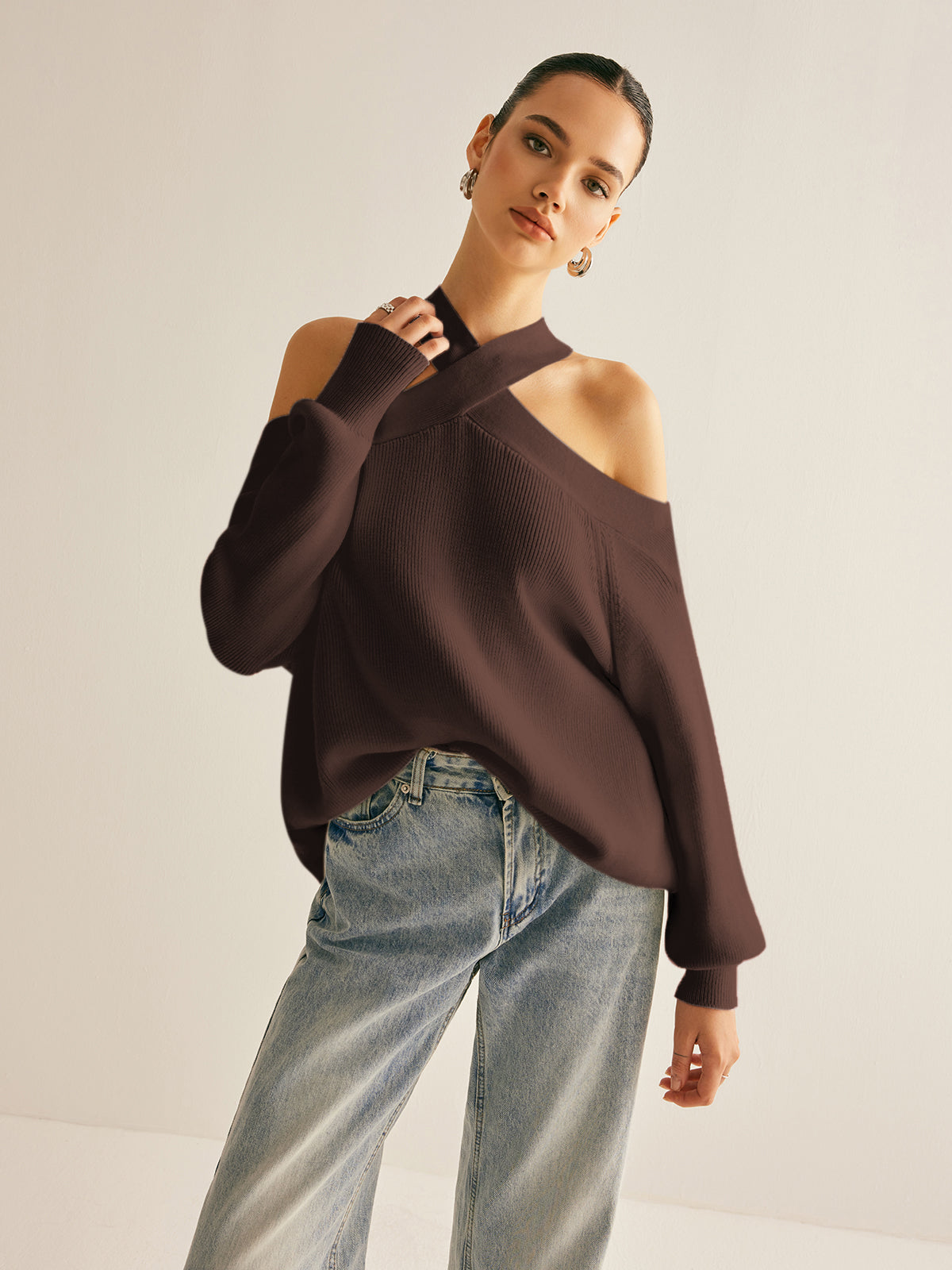 Women's crossover collar cold shoulder knit sweater high-stretch casual elegant romantic fit
