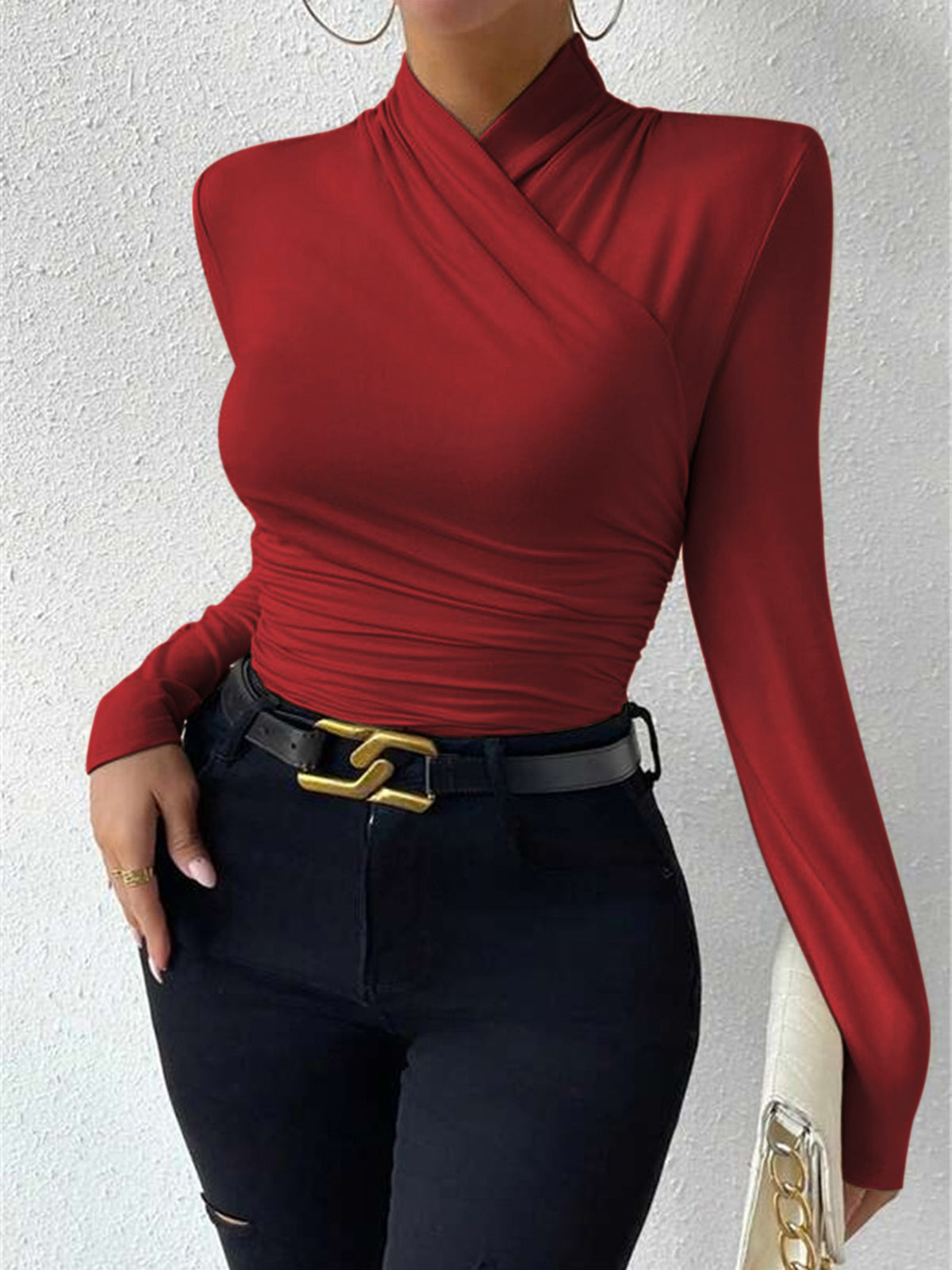 Women's slim fit pleated cinched top crossover collar long sleeve jersey shirt elegant criss-cross design