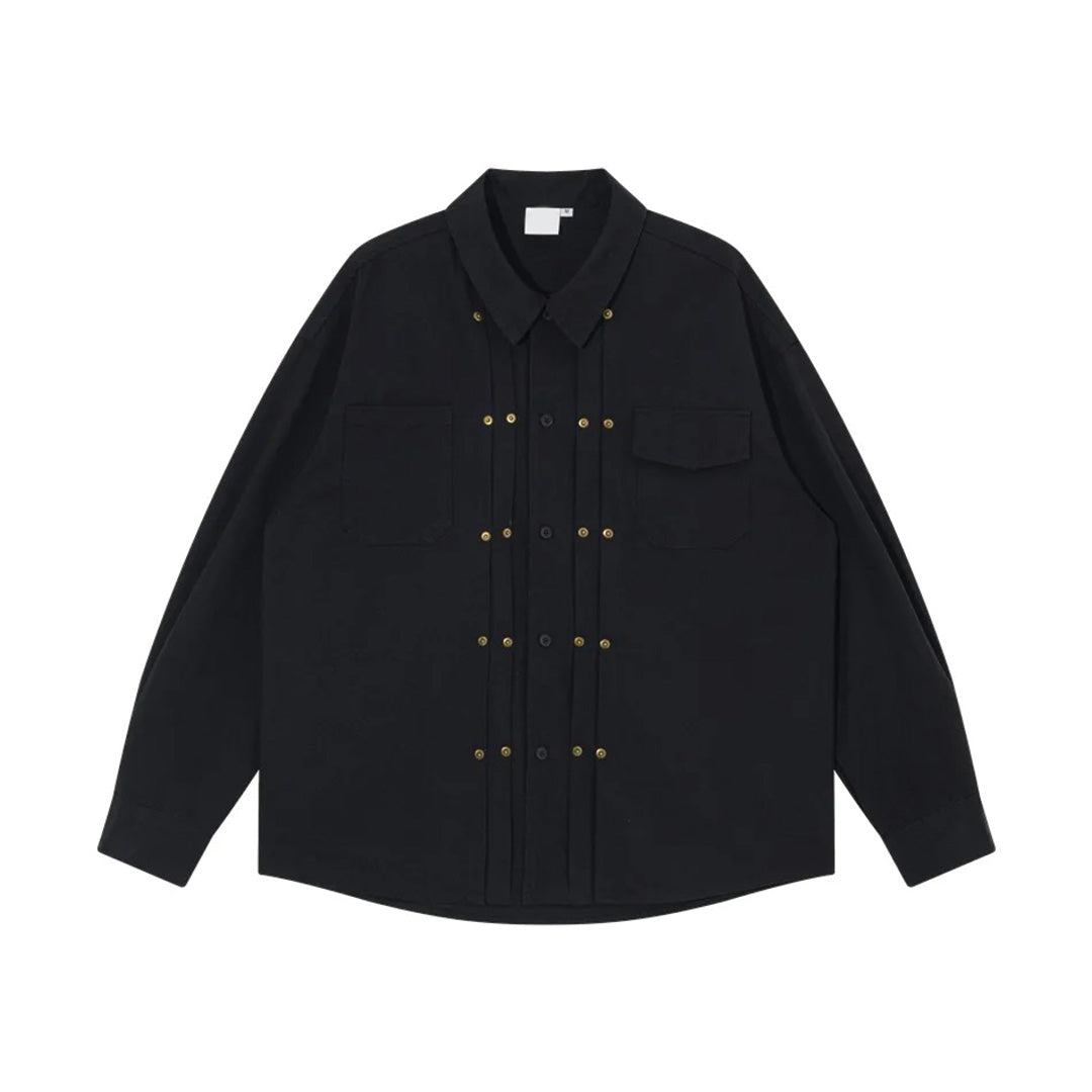 White cotton regular fit studded shirt with metal stud accents along placket and dual chest pockets