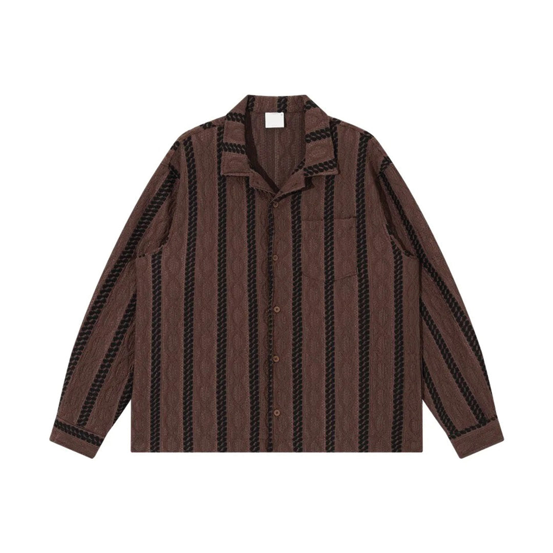 Men's beige monochrome jacquard stripe shirt relaxed fit Cuban collar subtle textured cotton