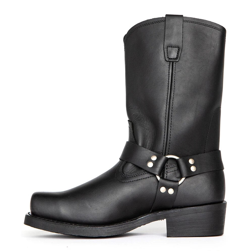 Men's mid-calf Western harness boots in classic square toe style with metal ring strap accent
