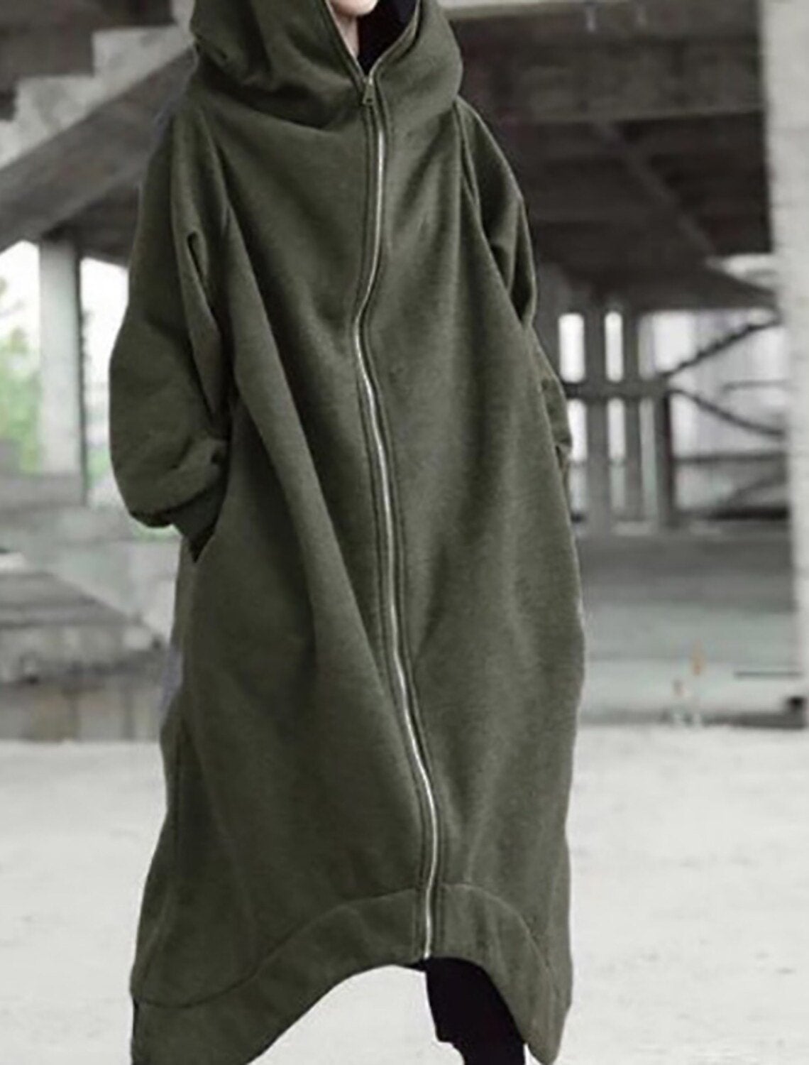 Women's calf-length hooded long coat in elegant neutral tone, refined urban silhouette for winter