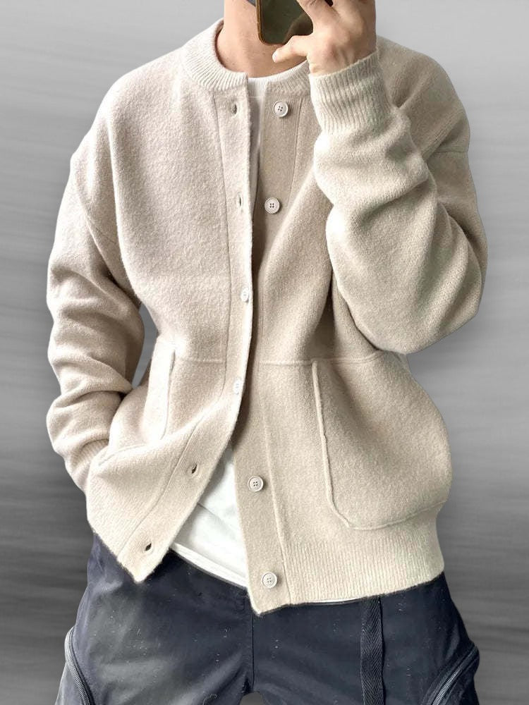 Men's slim-fit classic knit cardigan in neutral tones with clean lines for office and casual wear