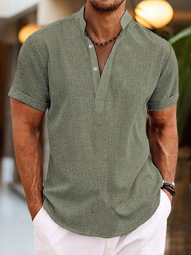 Men's light beige linen Henley collar short sleeve casual summer shirt breathable relaxed fit