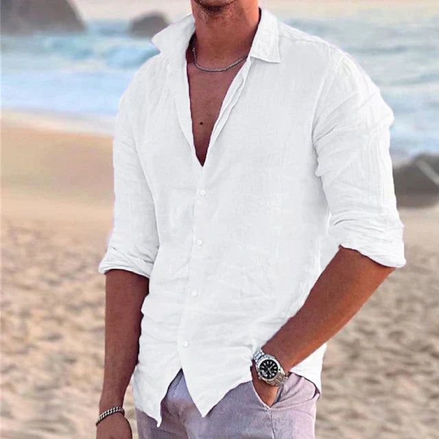 Men's white lightweight linen-blend long sleeve button-up shirt breathable spring summer casual fit
