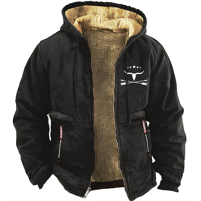 Dark work hoodie jacket with rugged outer layer, cozy lining, and mobility-focused design for tradesmen