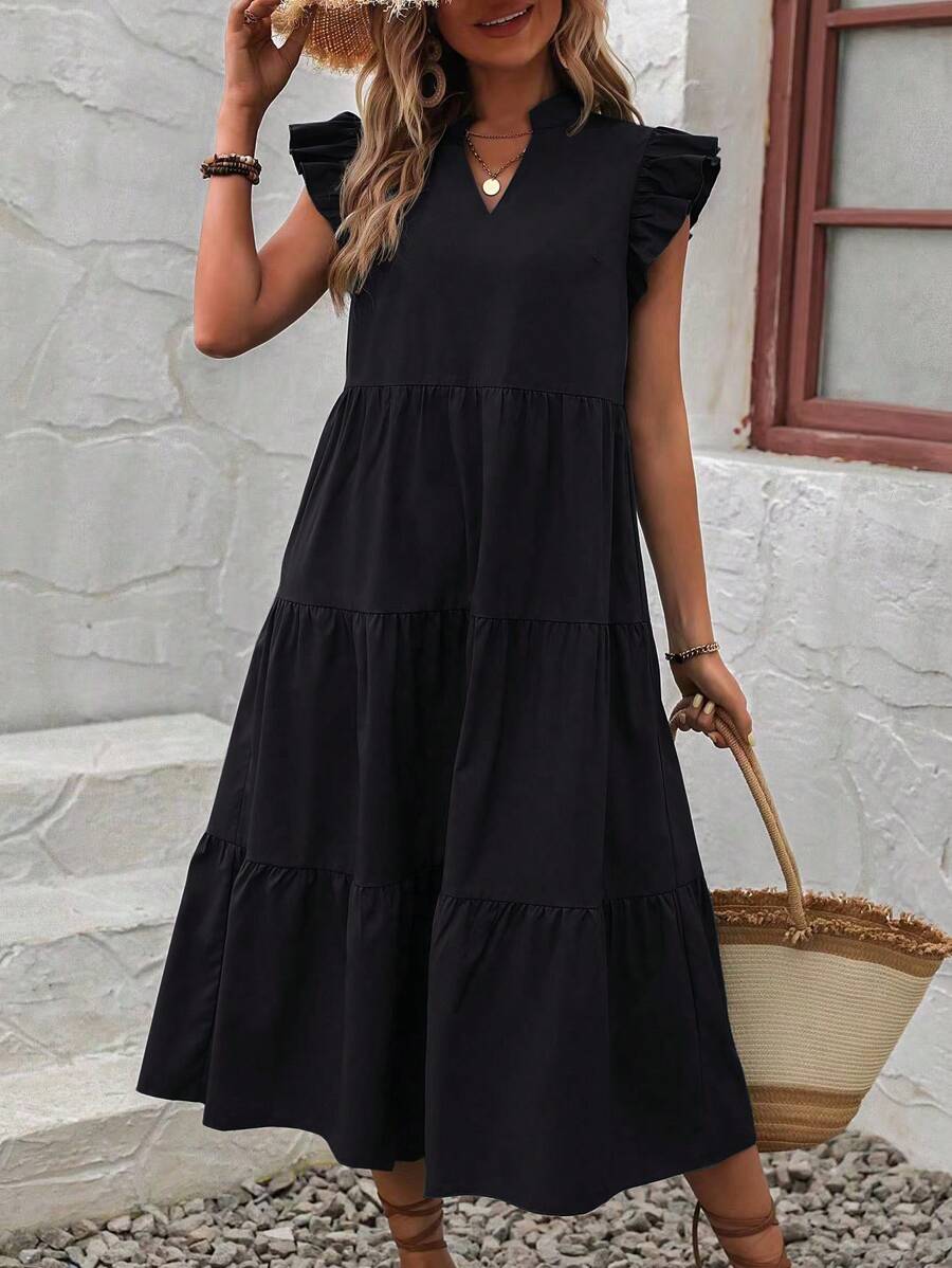 Green midi dress women loose fit V-neck ruched shoulders ruffles flowy silhouette effortless chic