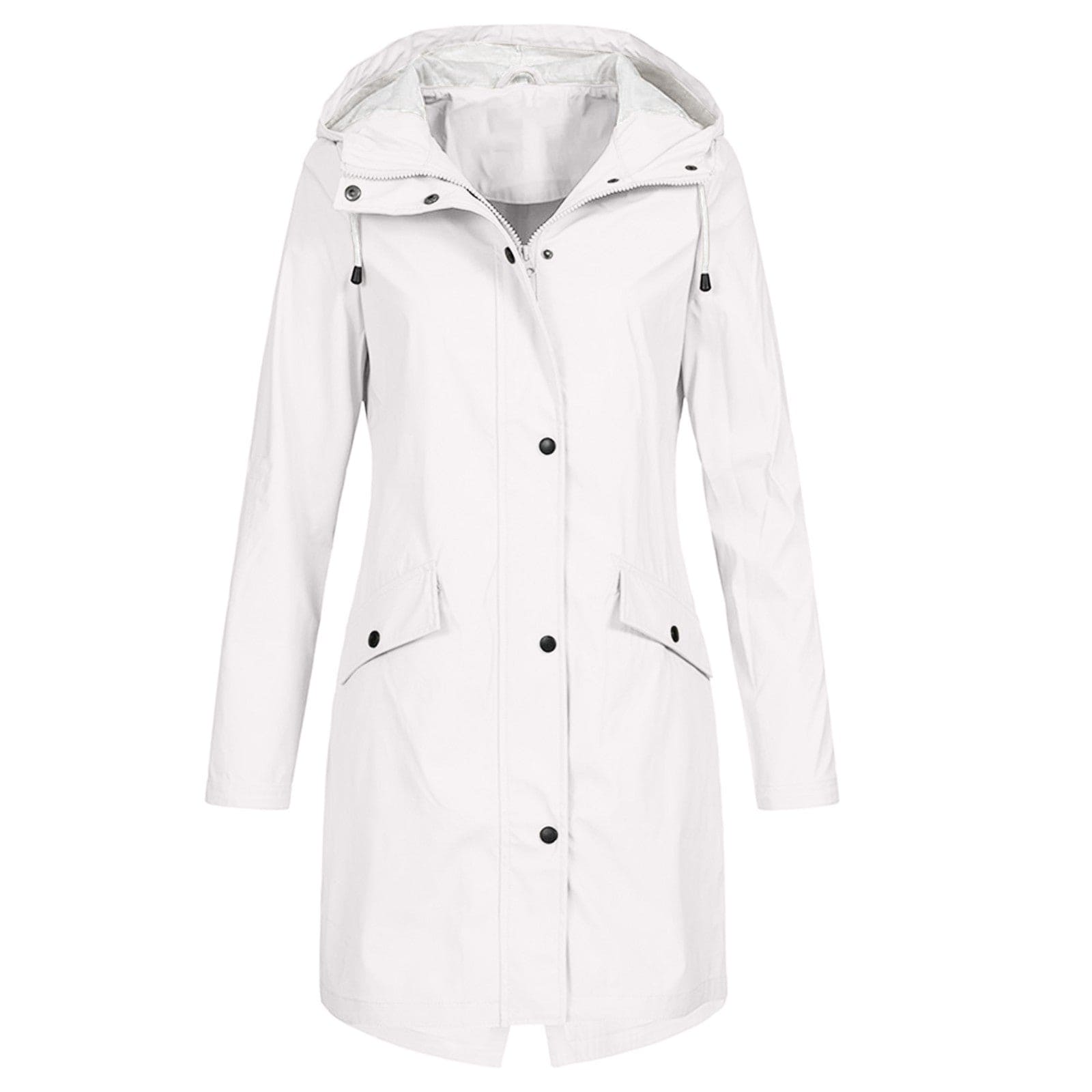 Women's mid-length hooded rain jacket in neutral tone, elegant slim cut for everyday light rain protection