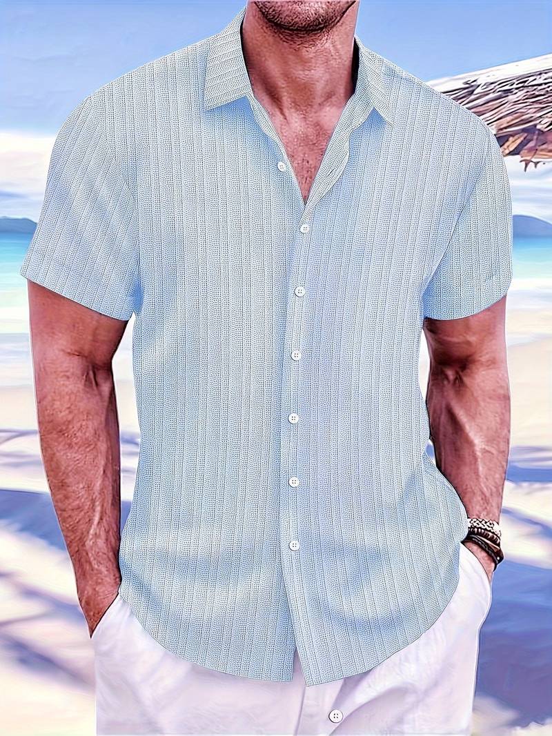 Women's ribbed short-sleeve button-down blouse elegant modern textured top versatile everyday wear