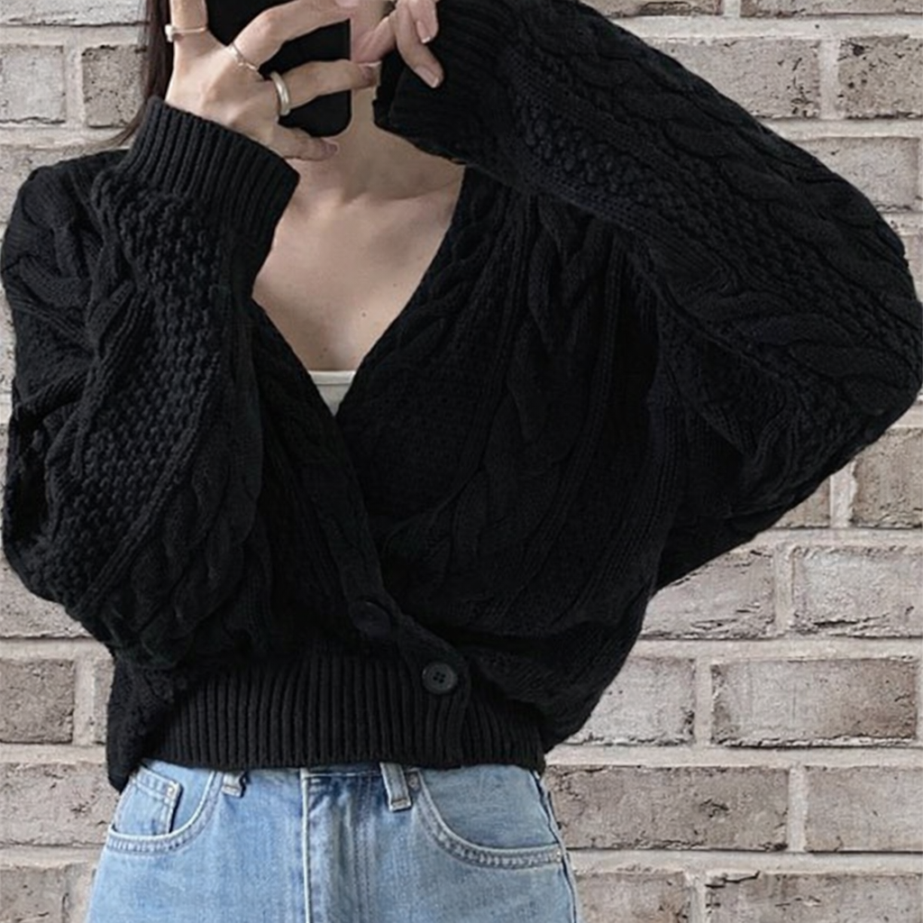 Women's wool blend cable knit cardigan short relaxed fit with button closure for cozy layering