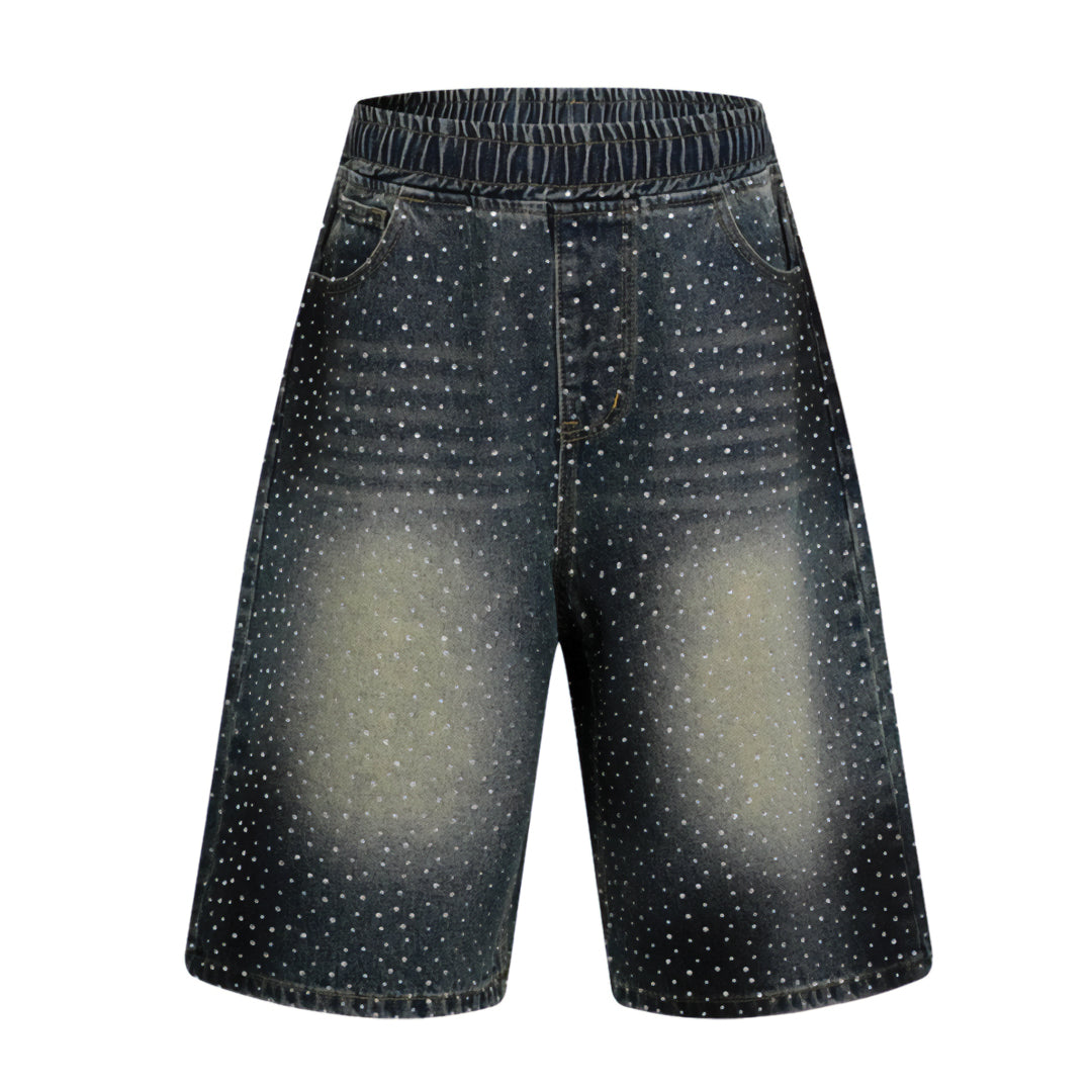 Women's faded wash relaxed-fit denim shorts with rhinestone crystal-studded accents and elastic waistband