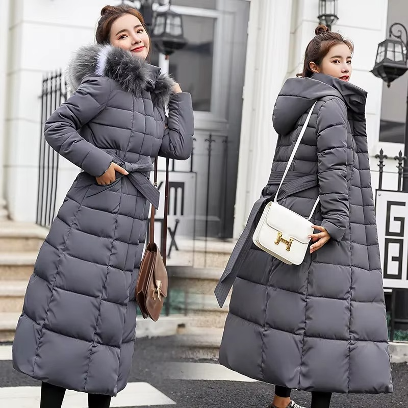 Women's long down jacket elegant silhouette faux fur-lined hood lightweight winter warmth