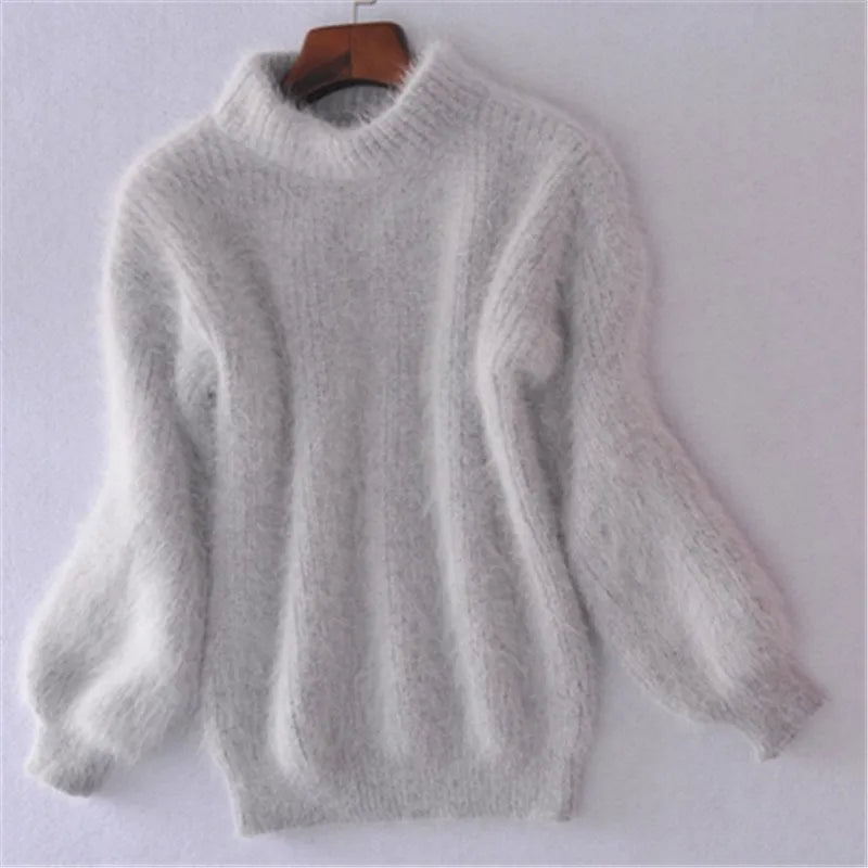 Women's fuzzy plush turtleneck sweater loose fit knit with ribbed cuffs cozy warm winter style