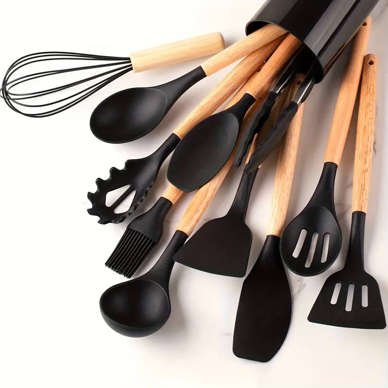 Minimalist 12-piece silicone and wood kitchen utensil set with soft heads safe for nonstick cookware