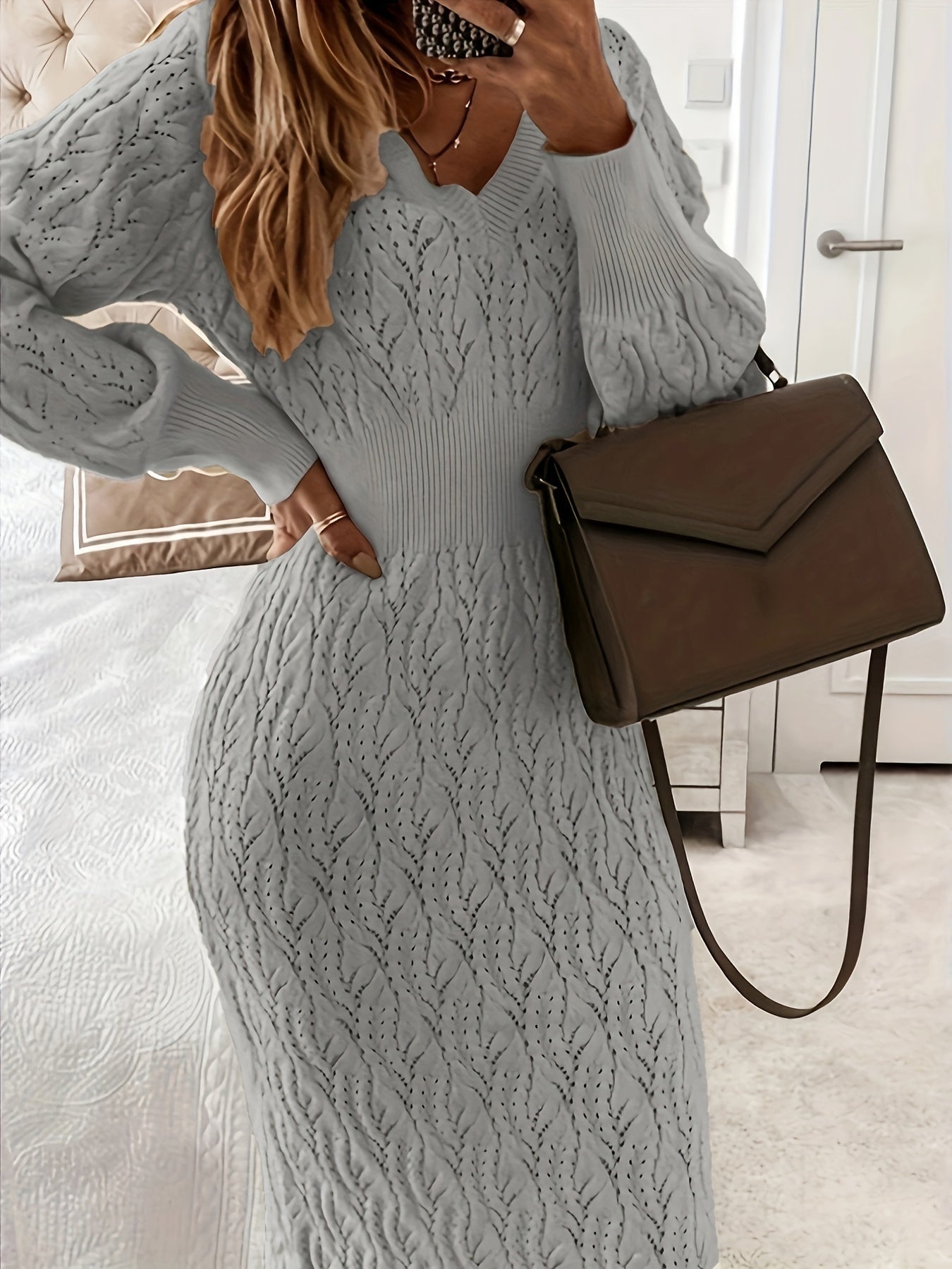 Women's fitted ribbed knit dress in V-neck long-sleeve silhouette with curve-hugging stretch design