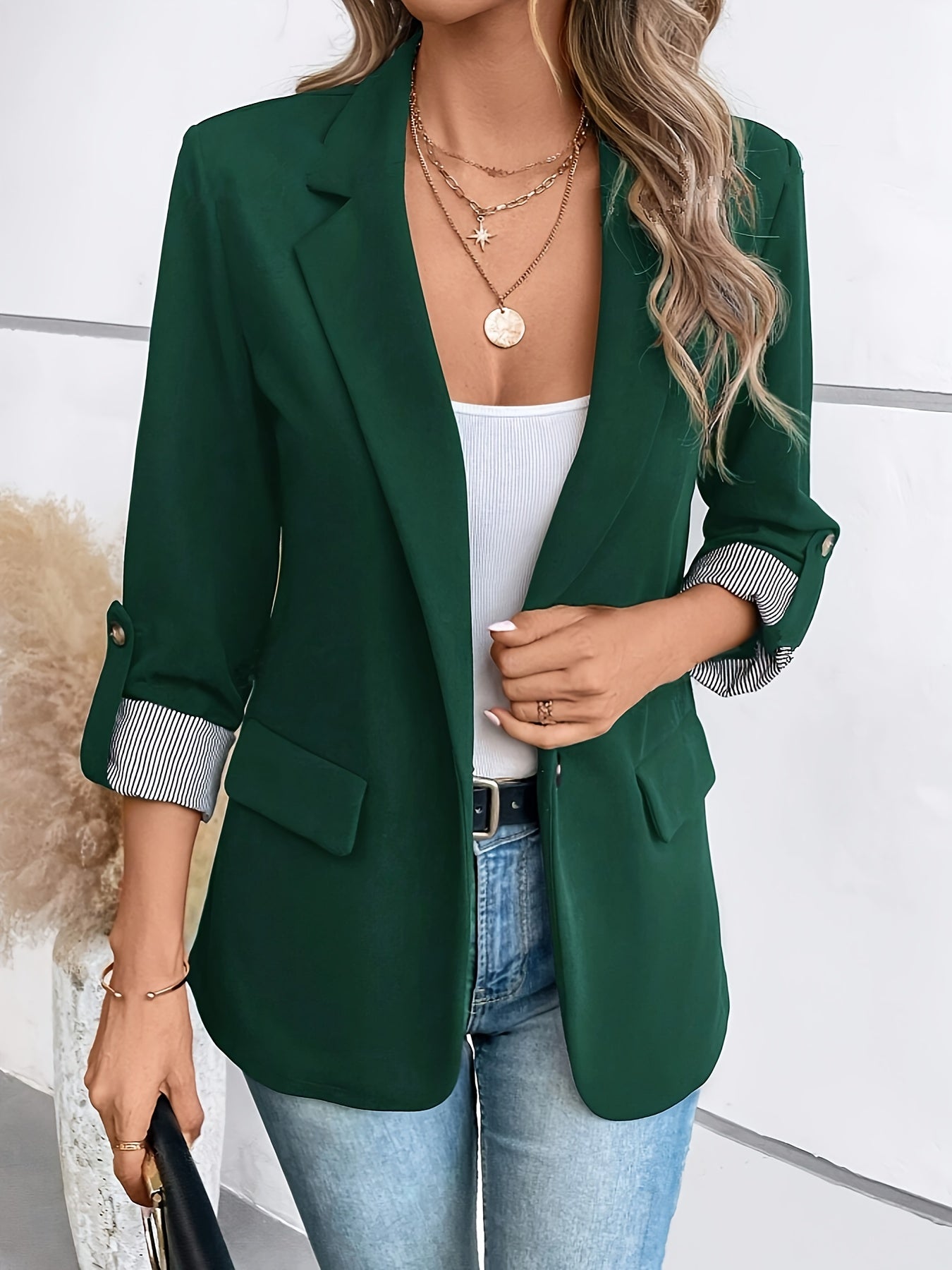 Women's casual open-front work blazer tailored silhouette polished office-ready versatile style