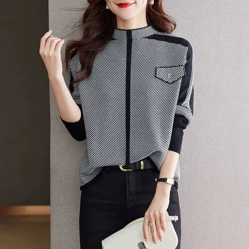 Women's relaxed-fit high neck soft knit pullover sweater with contrast ribbed sleeves and stripe pattern