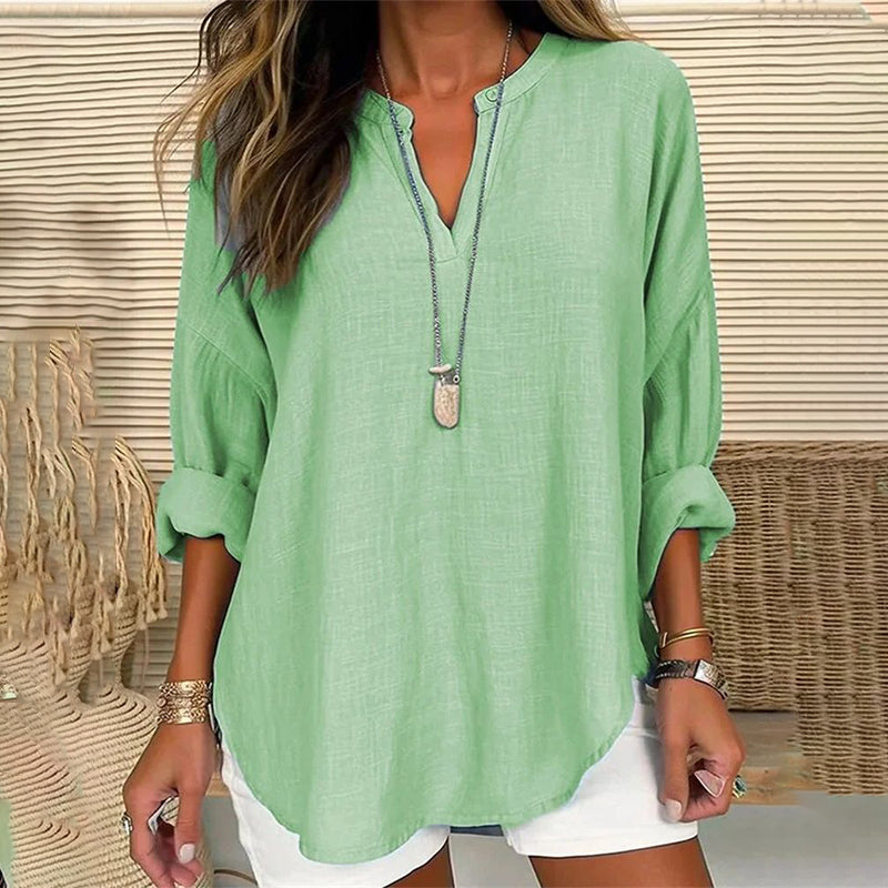 Women's loose fit V-neck long sleeve solid color cotton blend casual blouse for spring