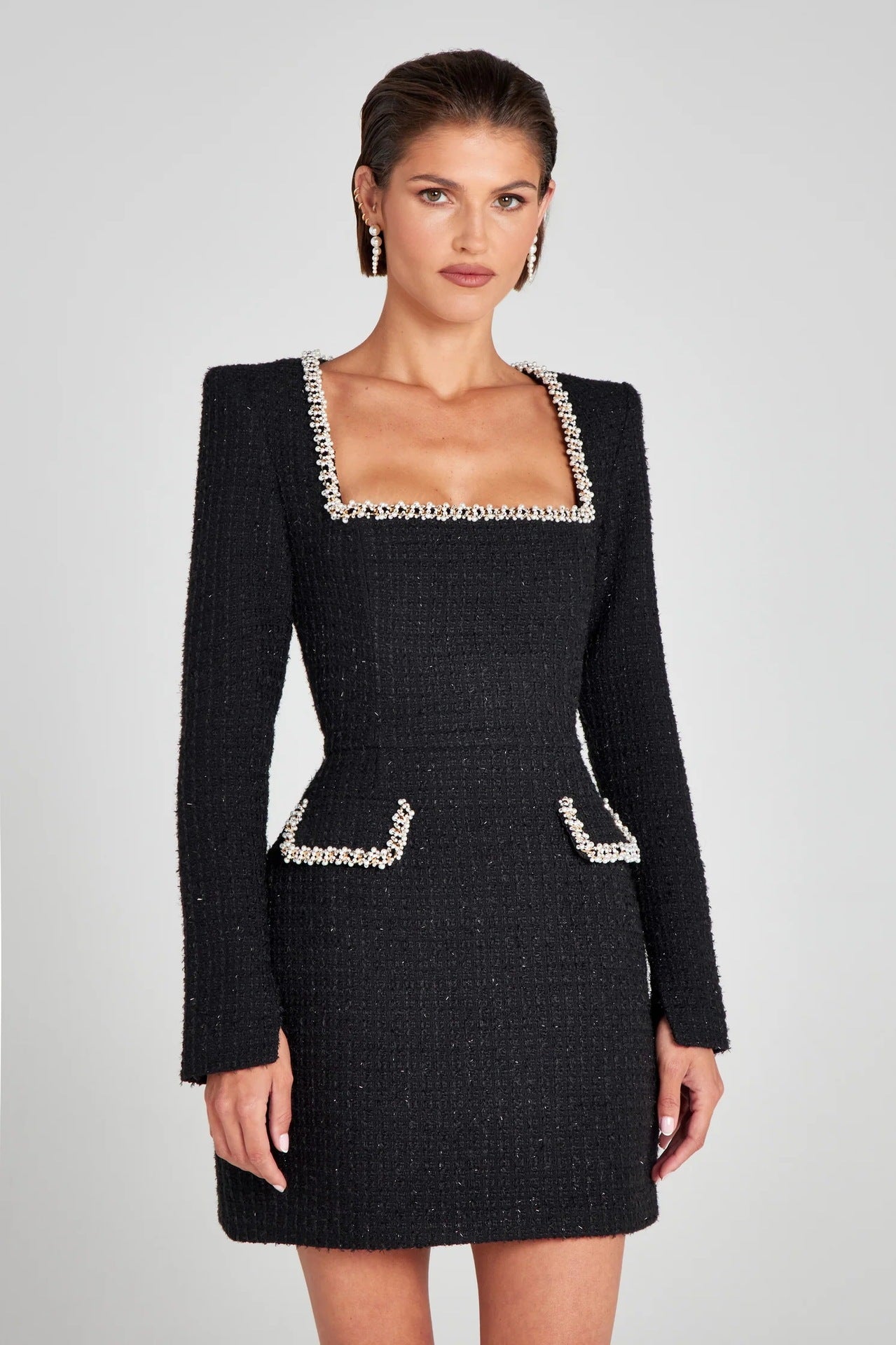 Women's beaded U-neck formal dress with pearl embellishments and glamorous sparkle sleeves