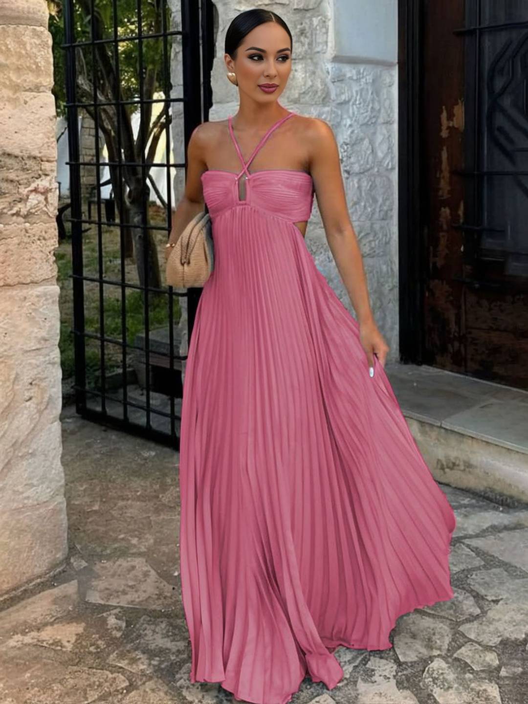 Women's ivory maxi strapless pleated dress with crossed halter back, effortless summer chic silhouette