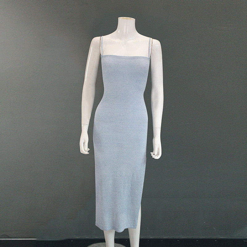 Sleeveless bodycon knit midi dress in neutral tone, figure-hugging fit with minimalist silhouette