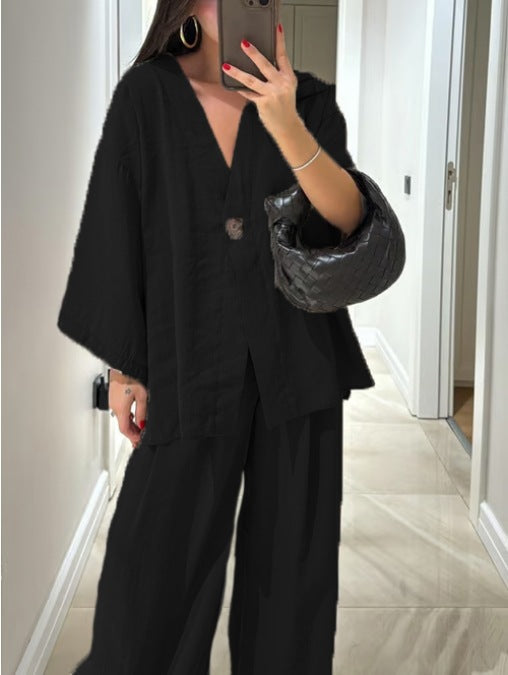 Women's casual solid-color V-neck top and pants two-piece polyester set for everyday wear