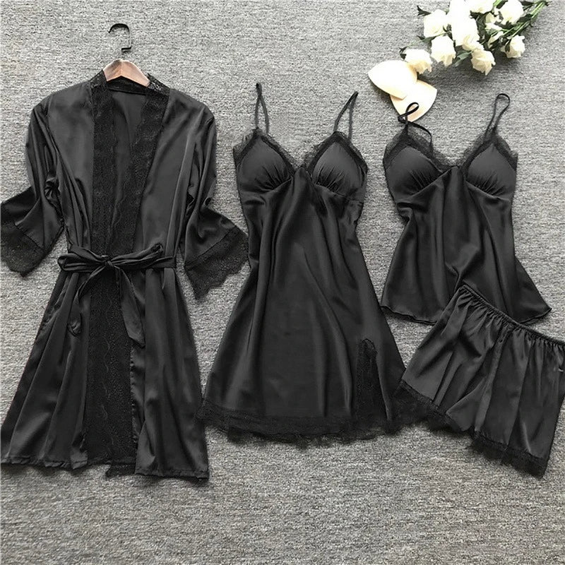Women's luxury satin pajama set in soft neutral tones, elegant relaxed-fit silhouette with refined drape
