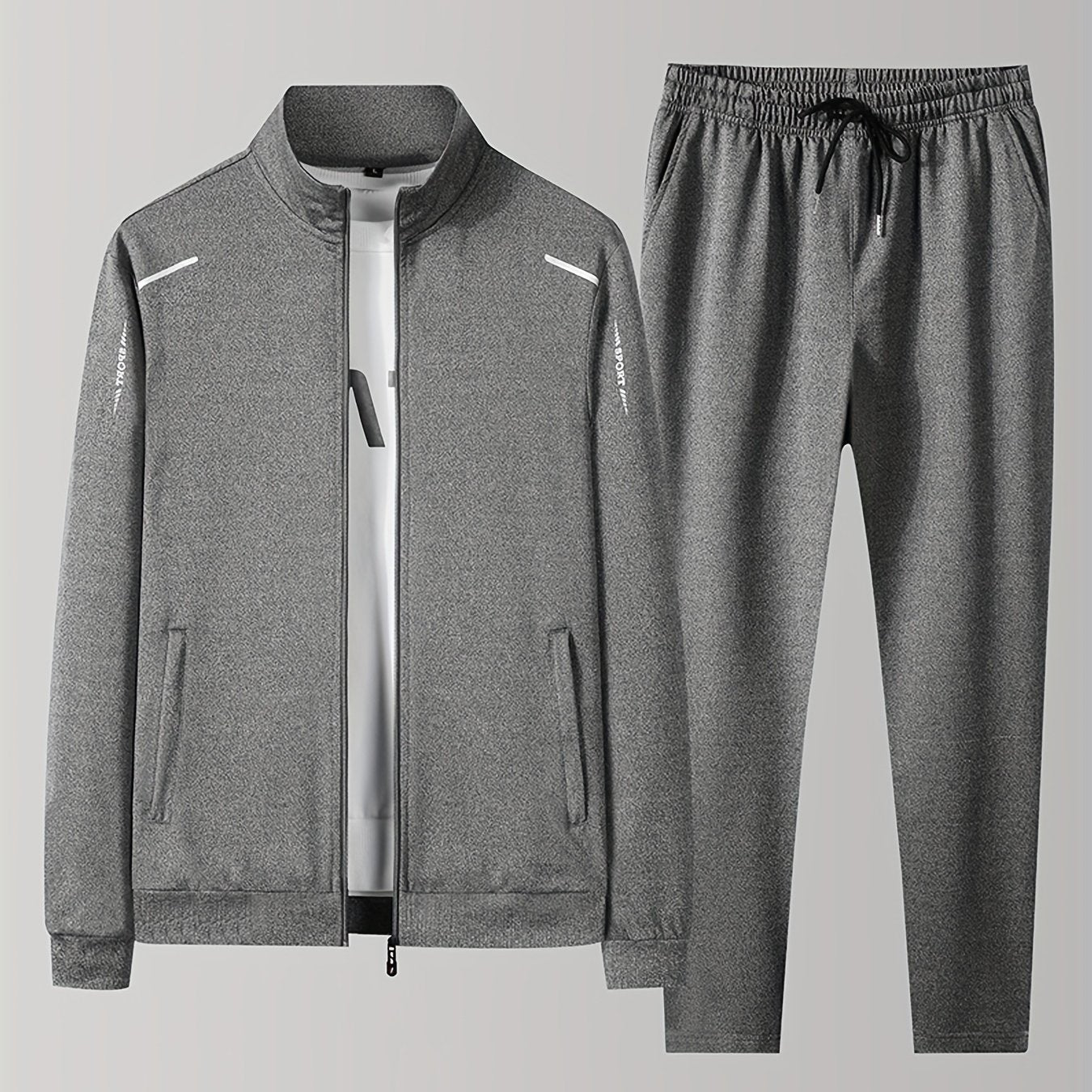 Men's zip front tracksuit two-piece set in casual style with full-length zipper for versatile everyday wear