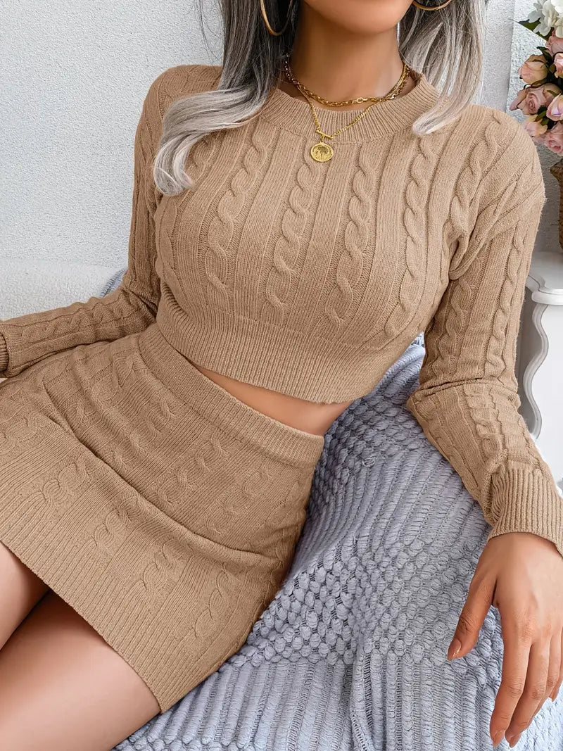 Women cable knit two-piece set cropped sweater high waisted skirt cozy chic coordinated outfit