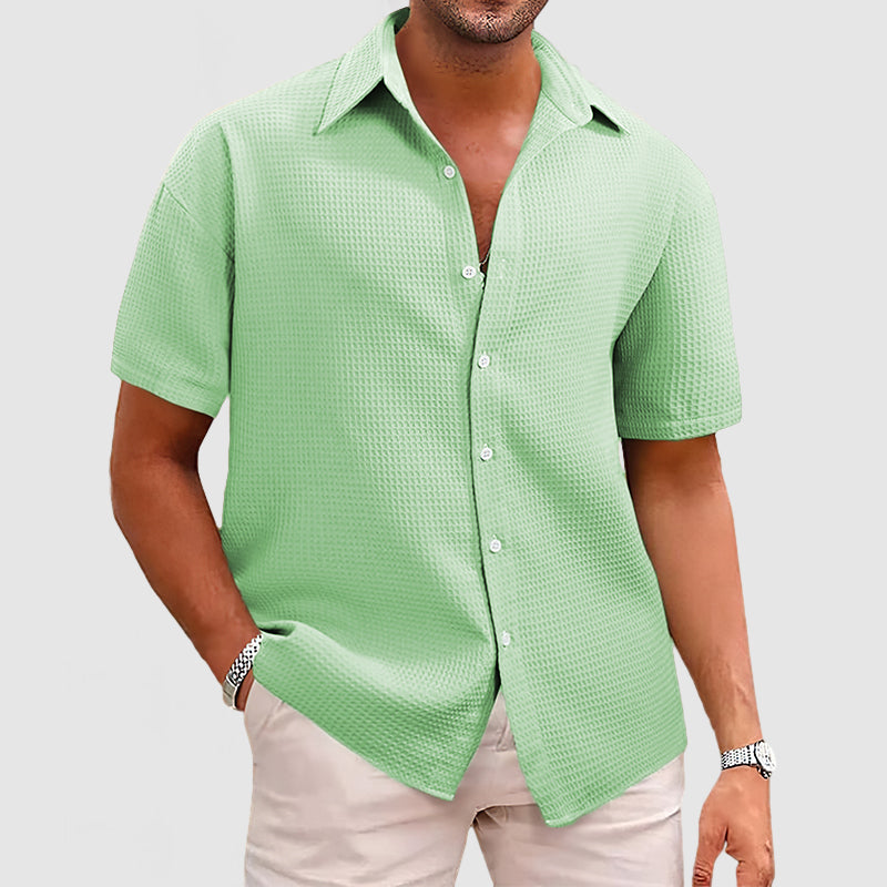 Men's beige waffle-textured short sleeve shirt relaxed fit casual summer broadcloth top
