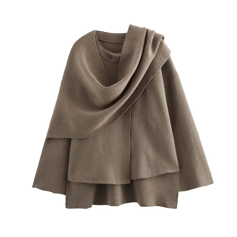 Women's draped sweater fluid silhouette crossover collar soft knit chic everyday elegance modern cut
