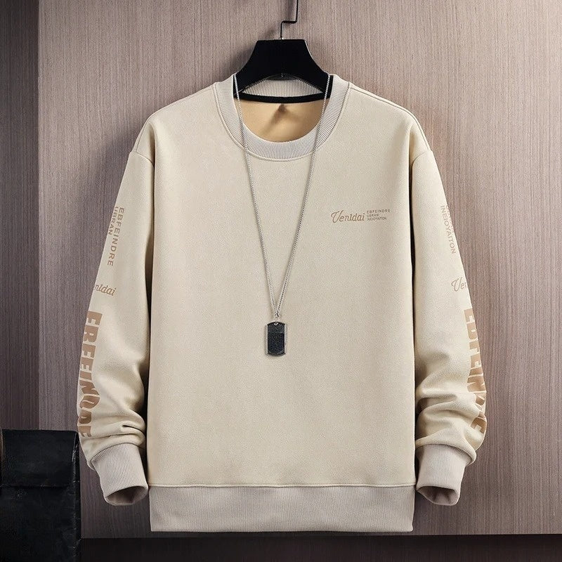 Black suede-texture crewneck pullover sweatshirt with graphic sleeve accents for streetwear layering
