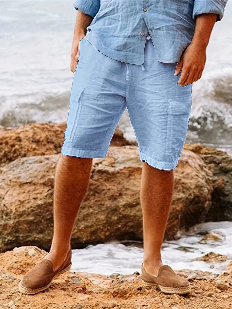 Men's khaki cotton cargo shorts relaxed fit with multiple utility pockets for outdoor activities