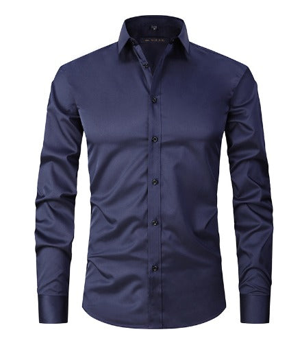 Men's slim-fit stretch dress shirt in classic blue, wrinkle-resistant with full mobility for professionals