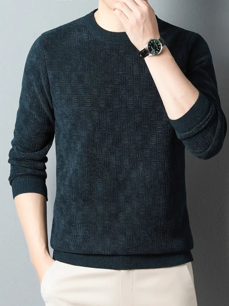 Men's classic cotton crewneck sweater in neutral tones, slim fit with timeless office-ready style