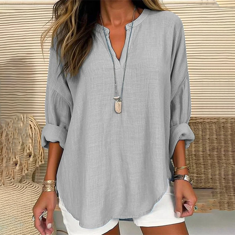 Women's loose fit v-neck long sleeve solid color cotton blend casual blouse for spring