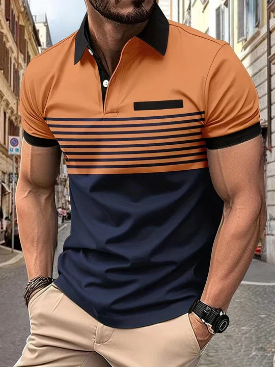 Men's striped polo shirt in classic horizontal stripe pattern, breathable fabric for casual summer wear